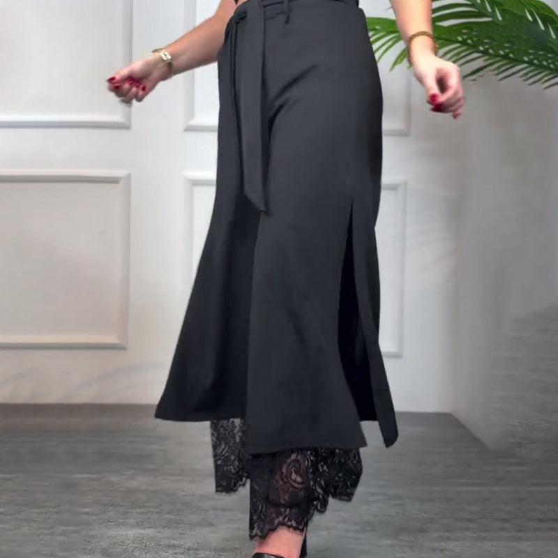 ALICJA | Zwiewne spodnie z szerokimi nogawkami i koronką 